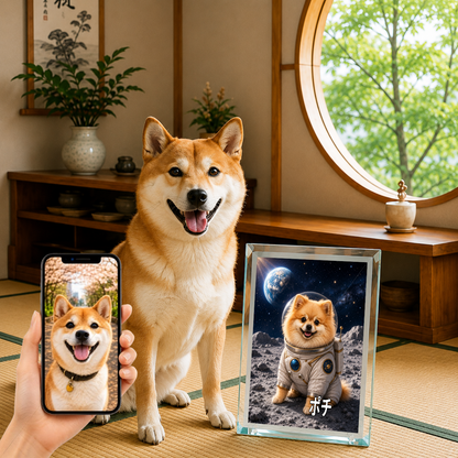 愛犬 写真入り 名入れ ガラスフォトパネル 宇宙飛行士犬 うちの子