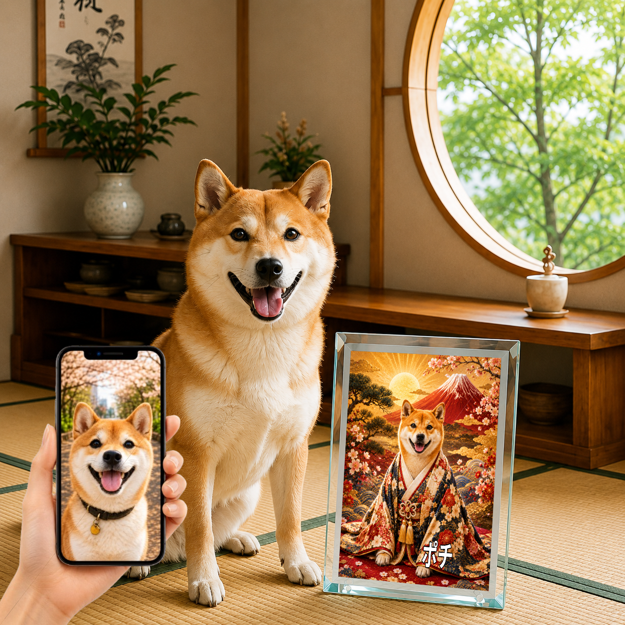 愛犬 写真入り 名入れ ガラスフォトパネル 赤富士 縁起物 うちの子ギフト