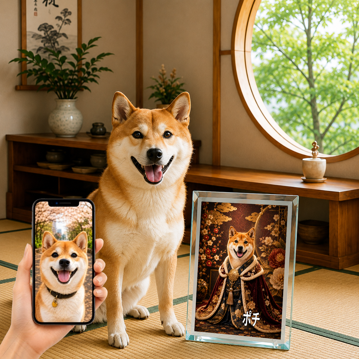 愛犬 写真入り 名入れ ガラスフォトパネル 王族ポートレート 和洋ミックス