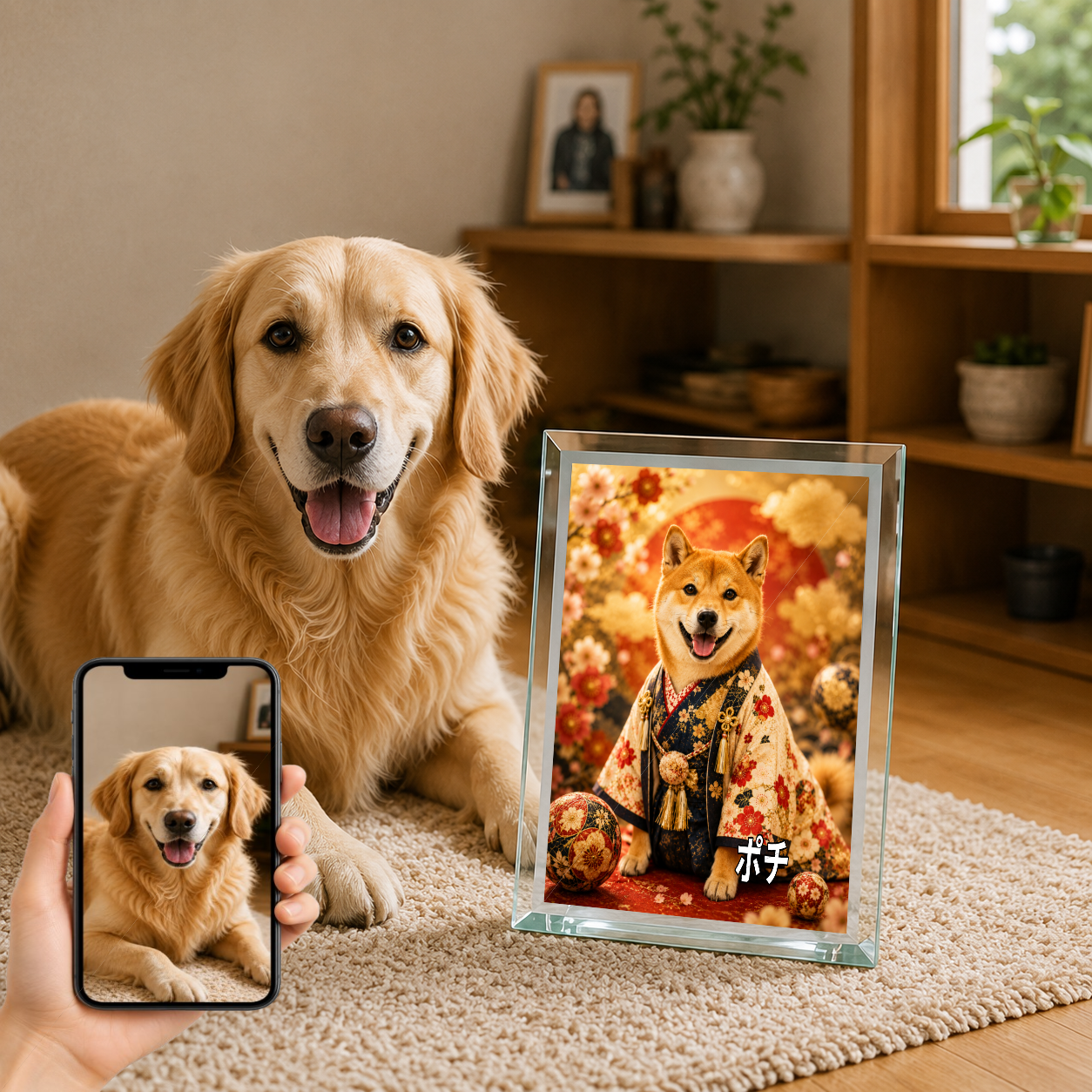 愛犬 写真入り 名入れ ガラスフォトパネル 豪華和装 月夜金彩 うちの子アート
