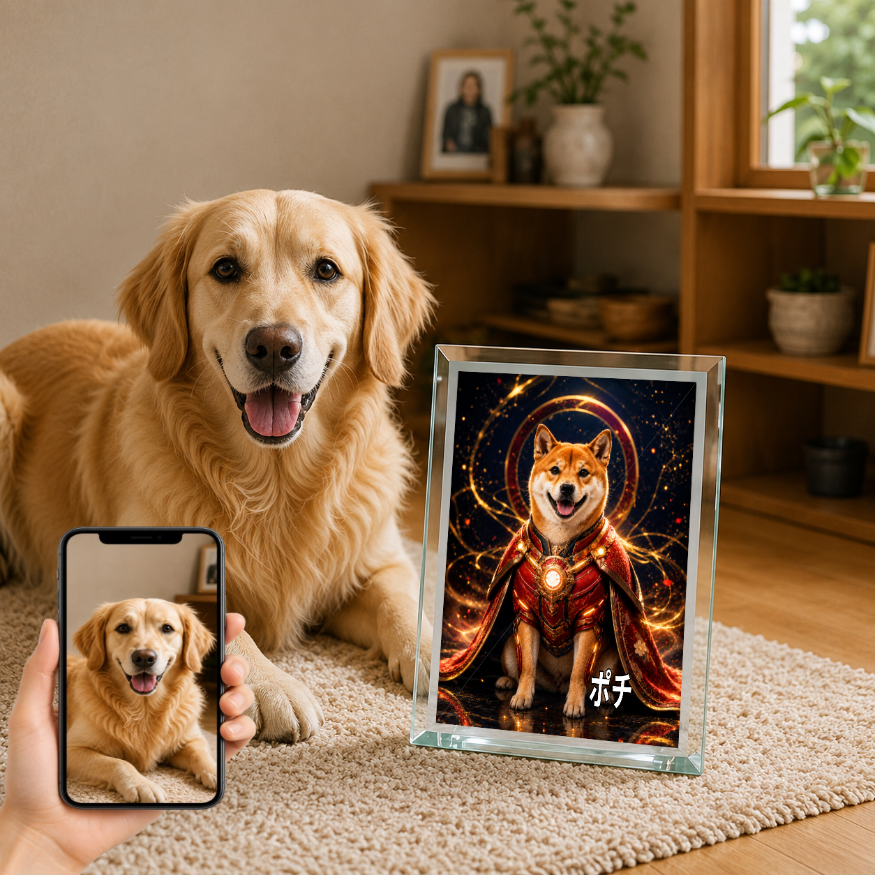 愛犬 写真入り 名入れ ガラスフォトパネル パワードスーツ ヒーロー犬