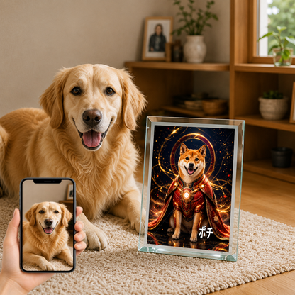 愛犬 写真入り 名入れ ガラスフォトパネル パワードスーツ ヒーロー犬