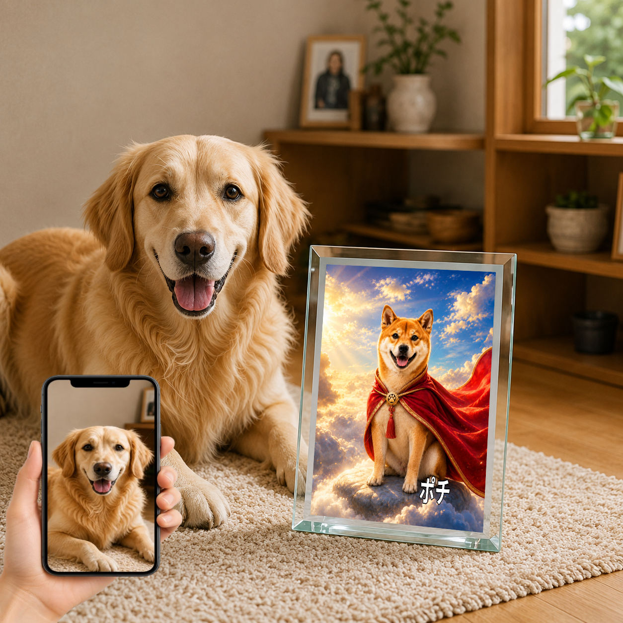 愛犬 写真入り 名入れ ガラスフォトパネル 赤マント ヒーロー犬 うちの子