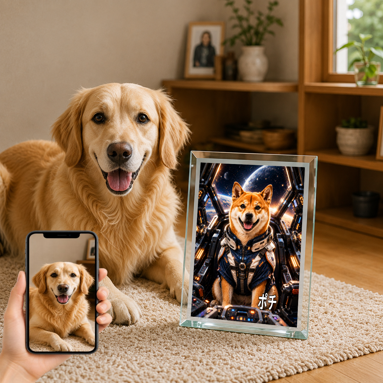 愛犬 写真入り 名入れ ガラスフォトパネル メカパイロット犬 SFアート