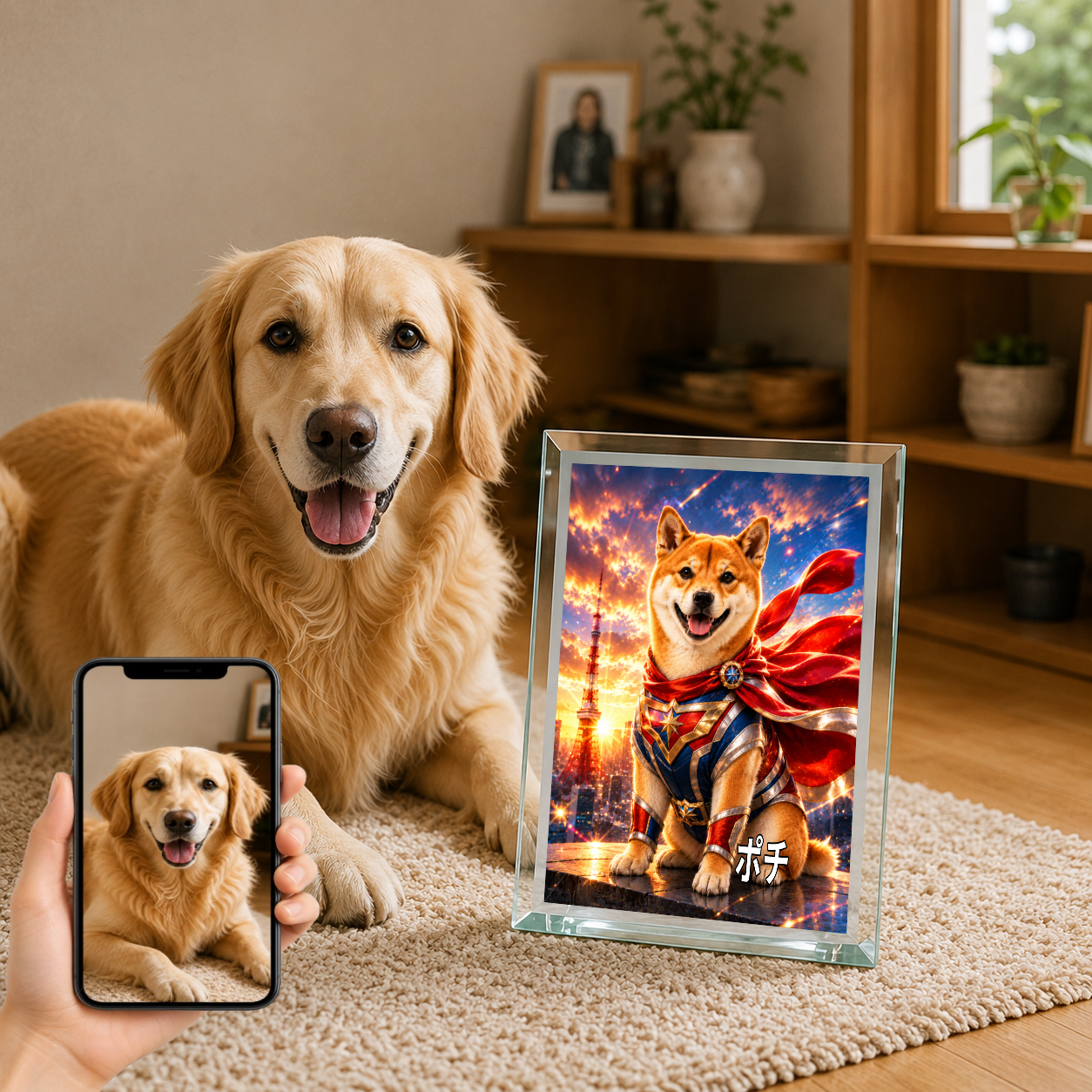 愛犬 写真入り 名入れ ガラスフォトパネル 特撮ヒーロー風 うちの子