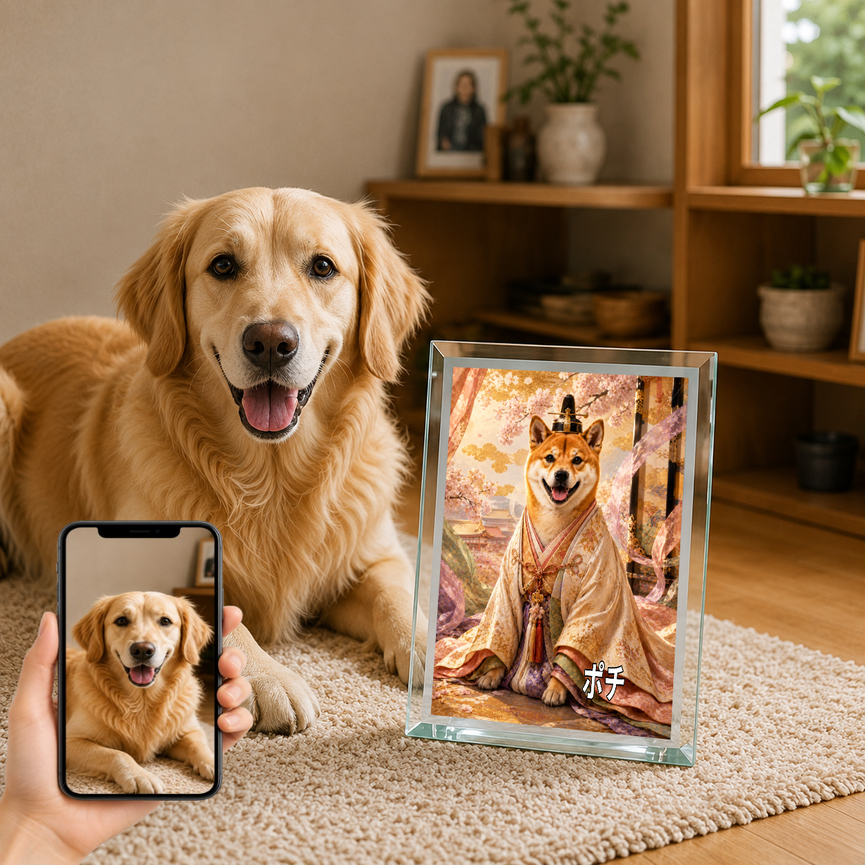 愛犬 写真入り 名入れ ガラスフォトパネル 平安王朝 ロイヤル犬