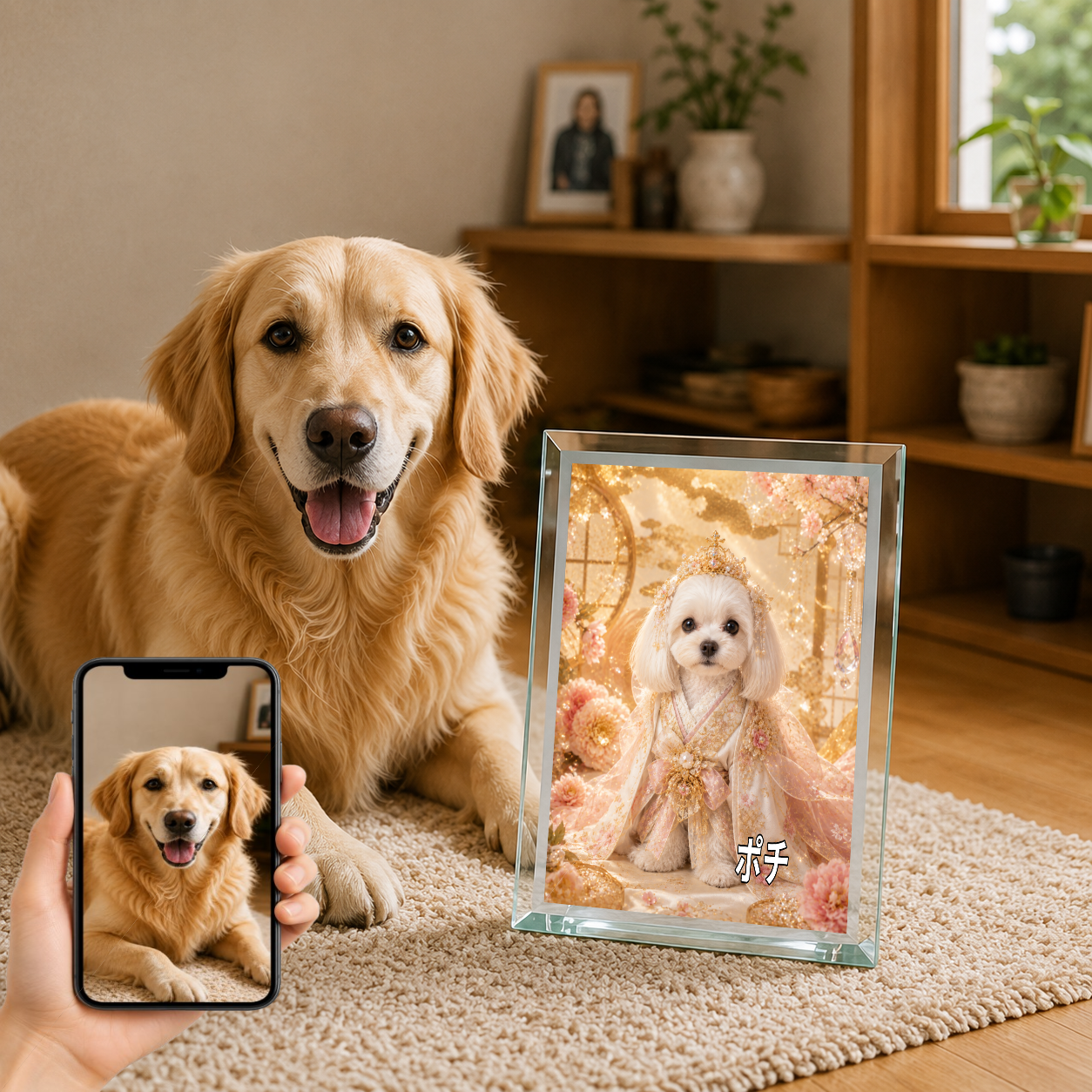 愛犬 写真入り 名入れ ガラスフォトパネル 姫さま犬 プリンセス風