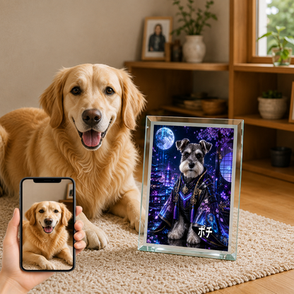 愛犬 写真入り 名入れ ガラスフォトパネル サイバー侍犬 近未来和風