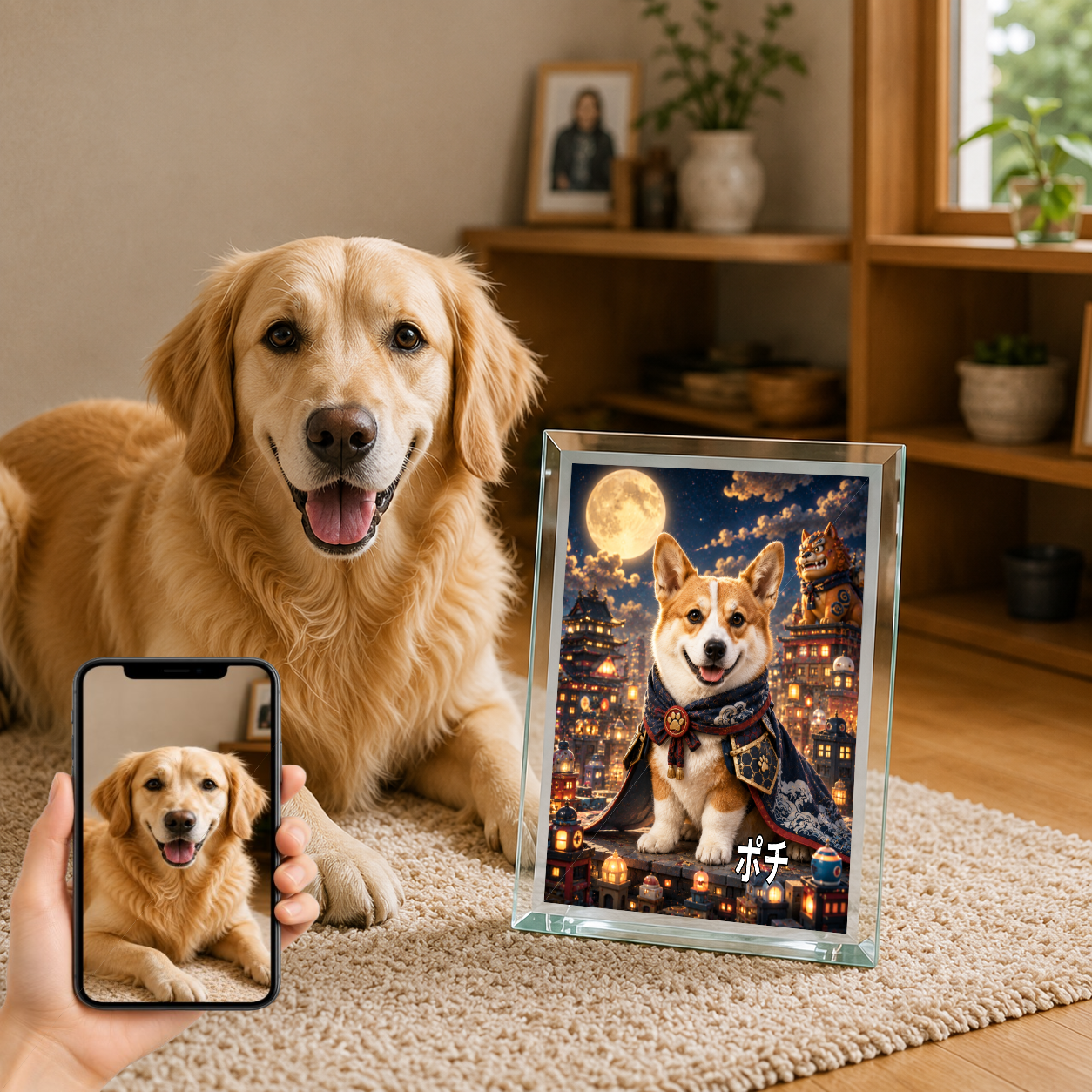 愛犬 写真入り 名入れ ガラスフォトパネル 怪獣ガーディアン犬