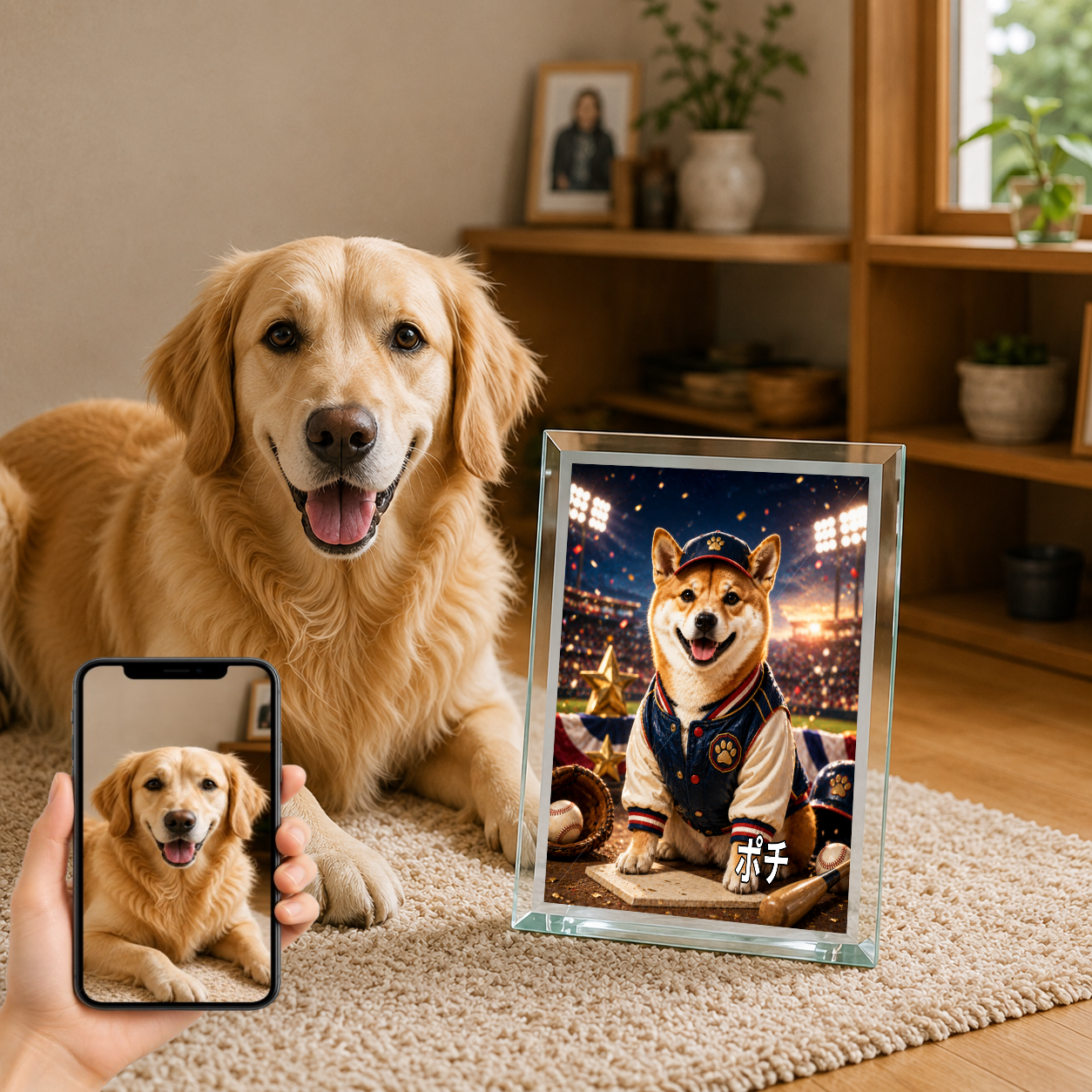 愛犬 写真入り 名入れ ガラスフォトパネル 野球スター犬 スポーツアート