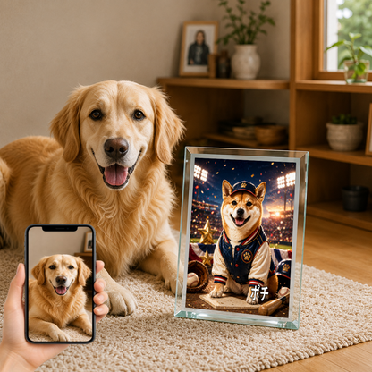 愛犬 写真入り 名入れ ガラスフォトパネル 野球スター犬 スポーツアート