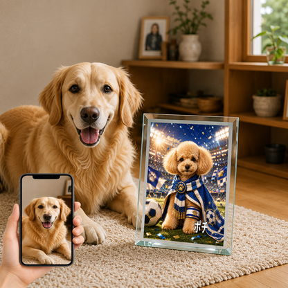 愛犬 写真入り 名入れ ガラスフォトパネル サッカーキャプテン犬