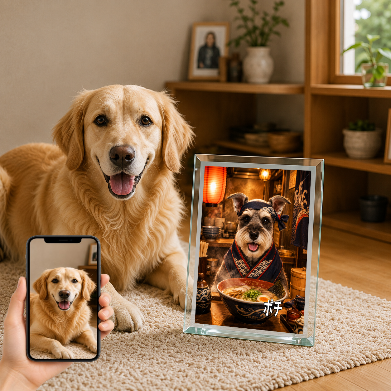 愛犬 写真入り 名入れ ガラスフォトパネル ラーメン職人犬