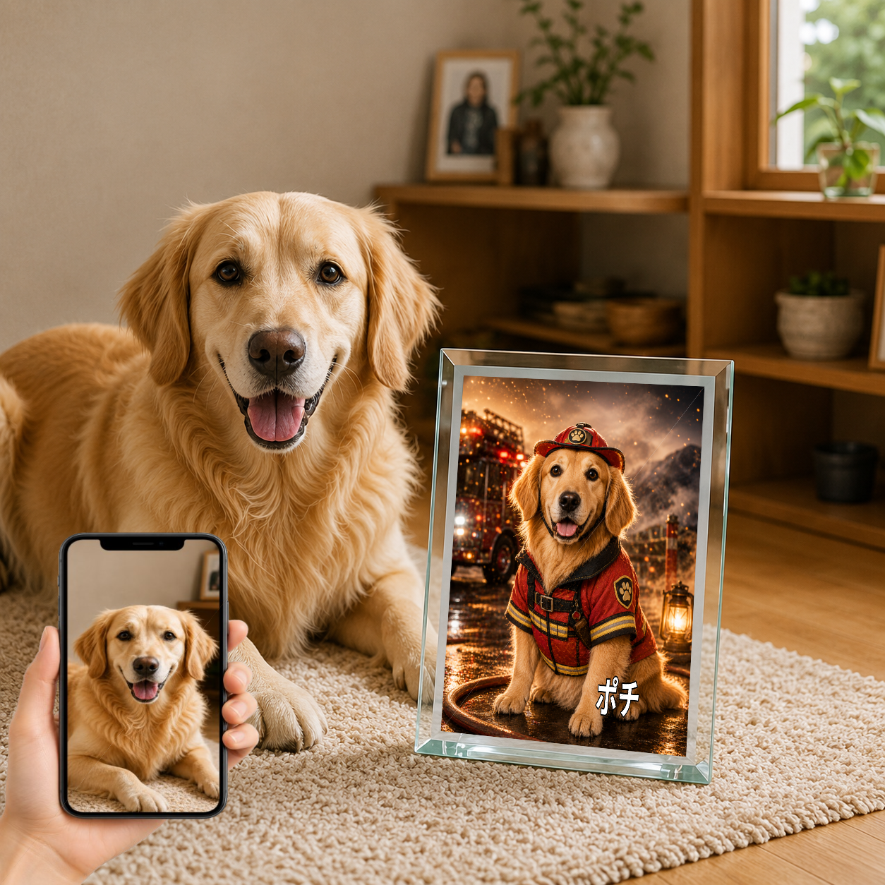 愛犬 写真入り 名入れ ガラスフォトパネル レスキューヒーロー犬