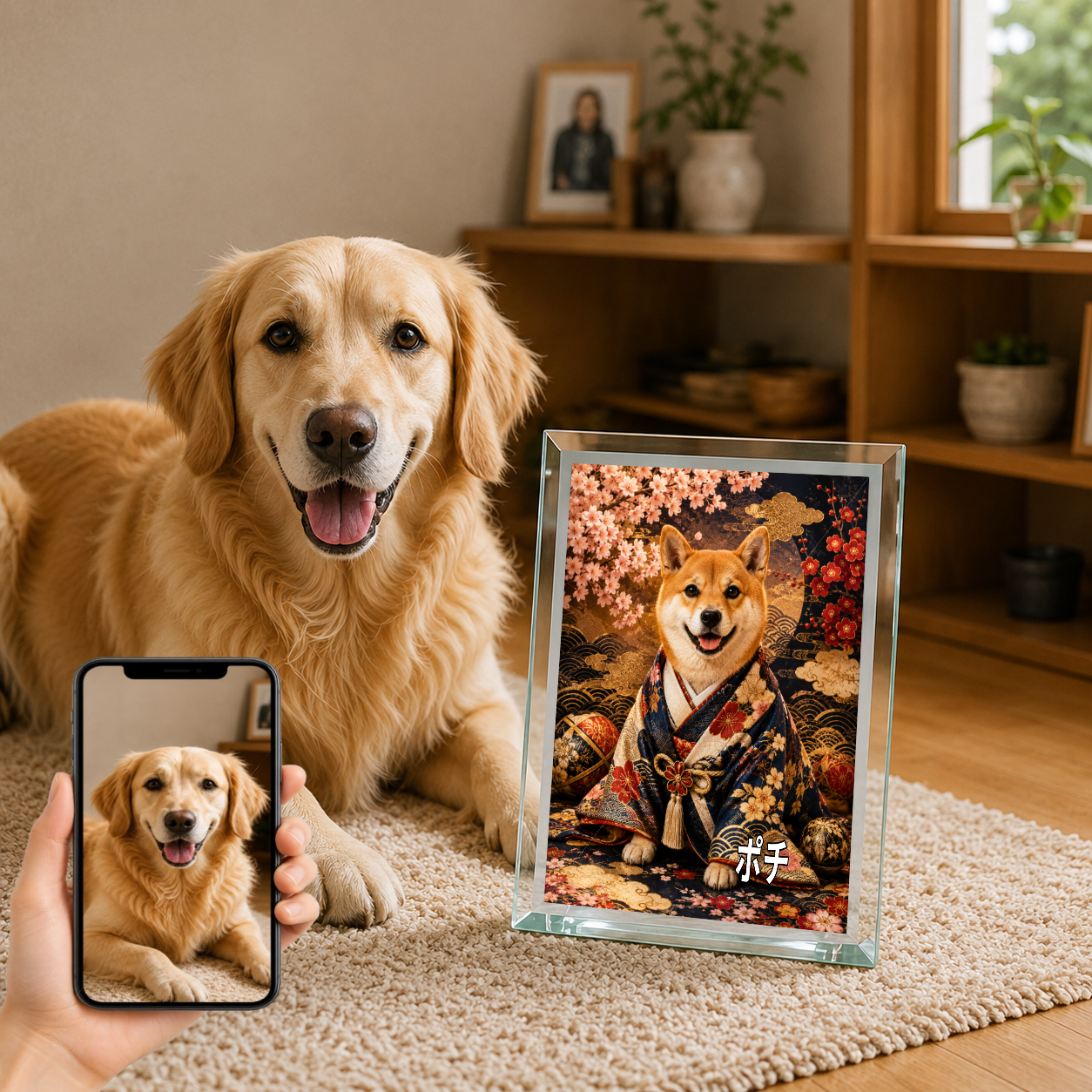 愛犬 写真入り 名入れ ガラスフォトパネル 豪華和装犬 高級うちの子アート