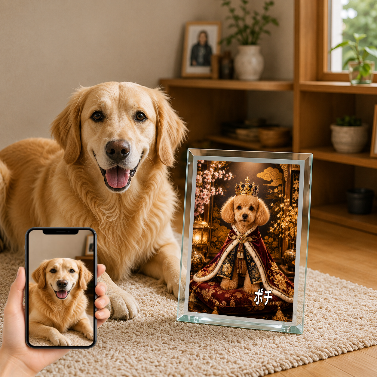 愛犬 写真入り 名入れ ガラスフォトパネル 王様犬 ロイヤルポートレート