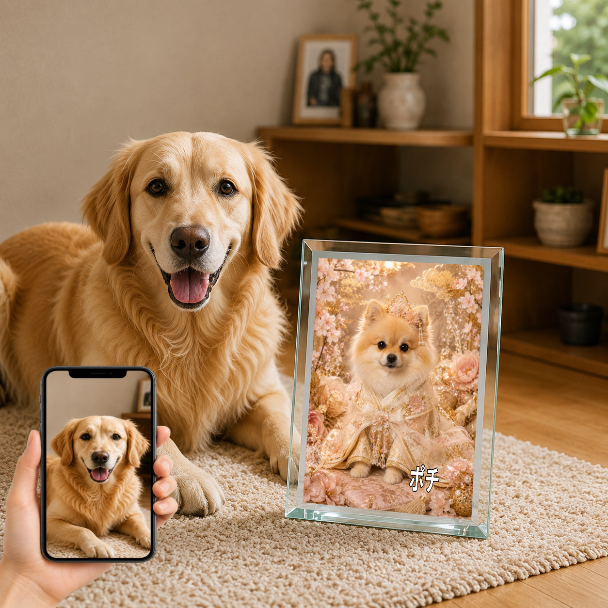 愛犬 写真入り 名入れ ガラスフォトパネル 姫さま犬 和風プリンセス