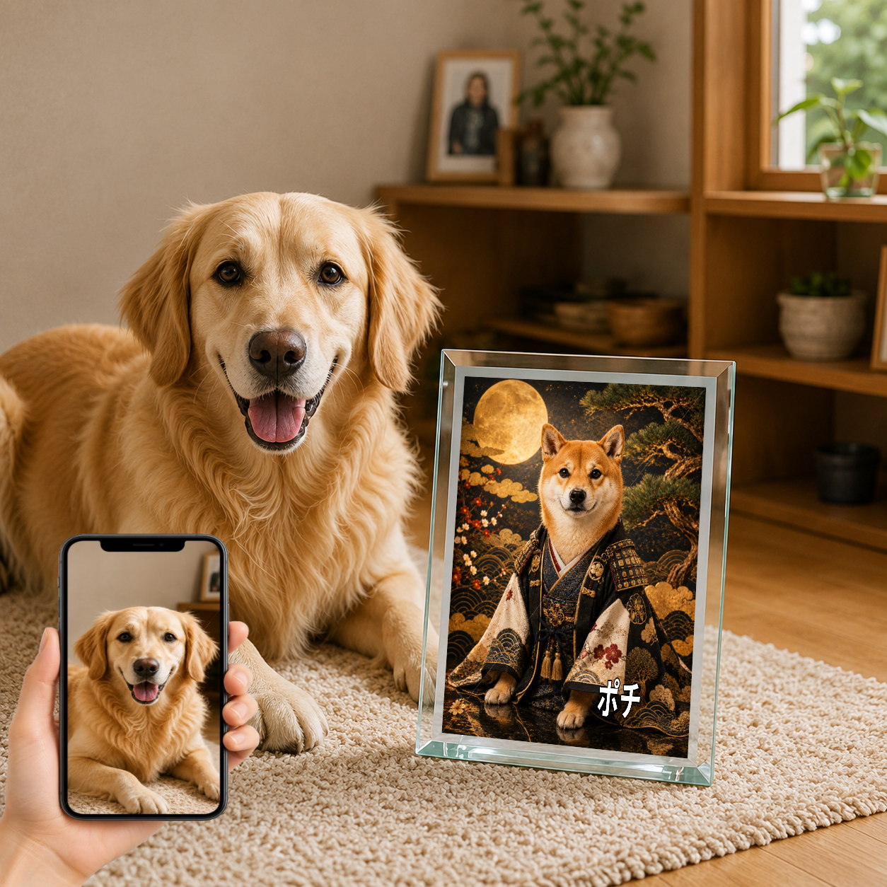 愛犬 写真入り 名入れ ガラスフォトパネル 侍犬 サムライ風アート