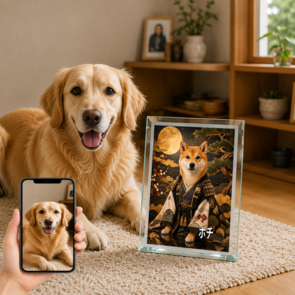 愛犬 写真入り 名入れ ガラスフォトパネル 侍犬 サムライ風アート