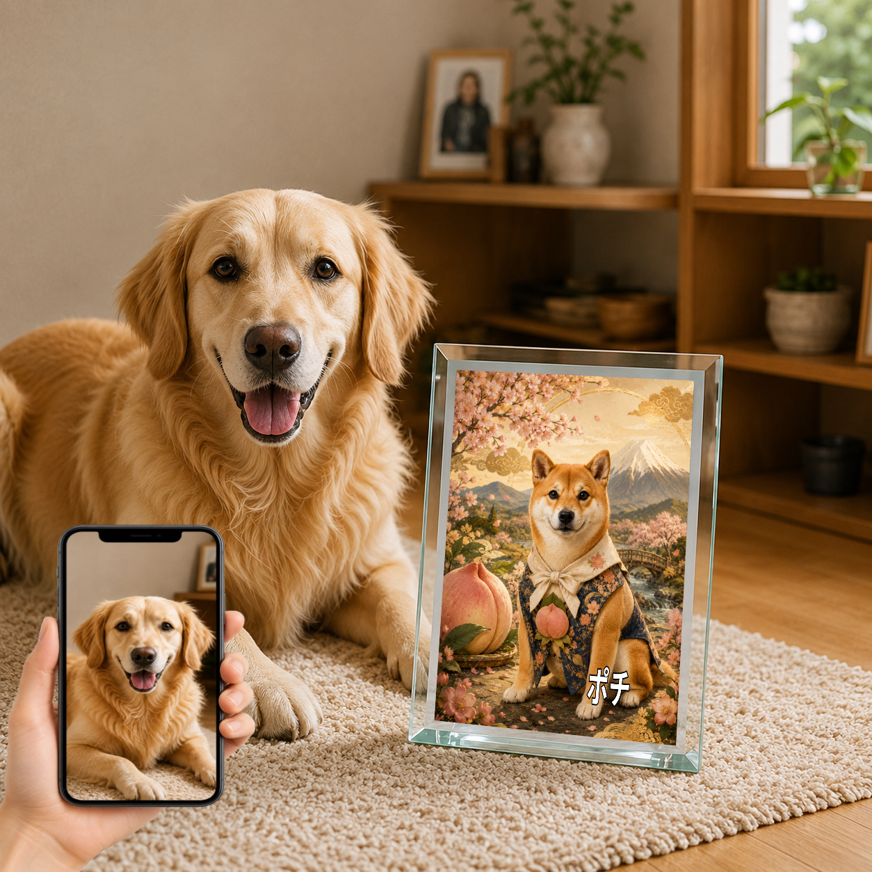 愛犬 写真入り 名入れ ガラスフォトパネル 桃太郎の相棒犬