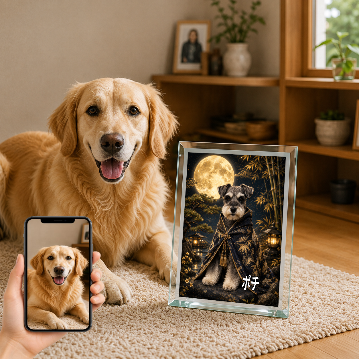 愛犬 写真入り 名入れ ガラスフォトパネル 月夜の守り犬 幻想和風