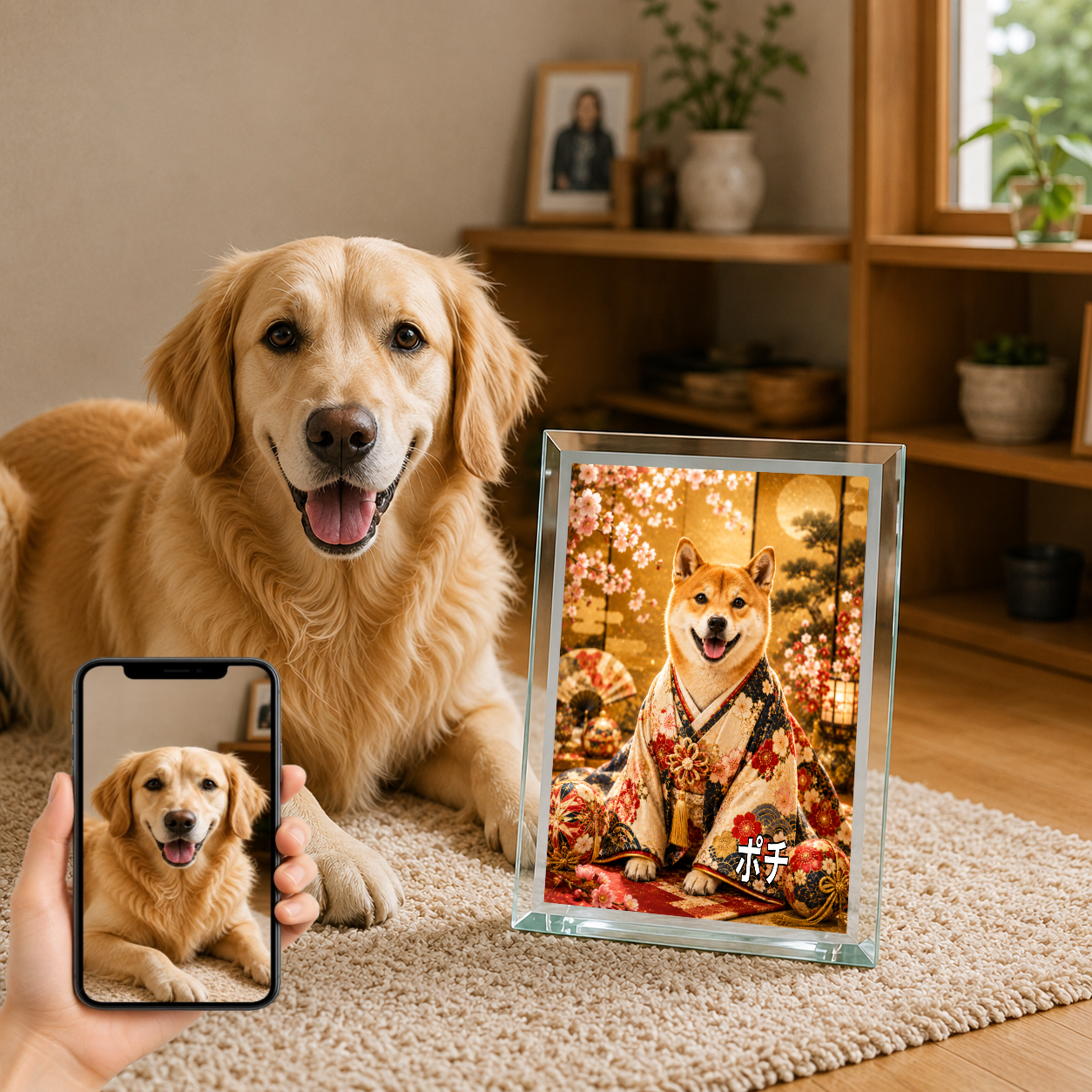 愛犬 写真入り 名入れ ガラスフォトパネル 桜と毬 華やか和装アート