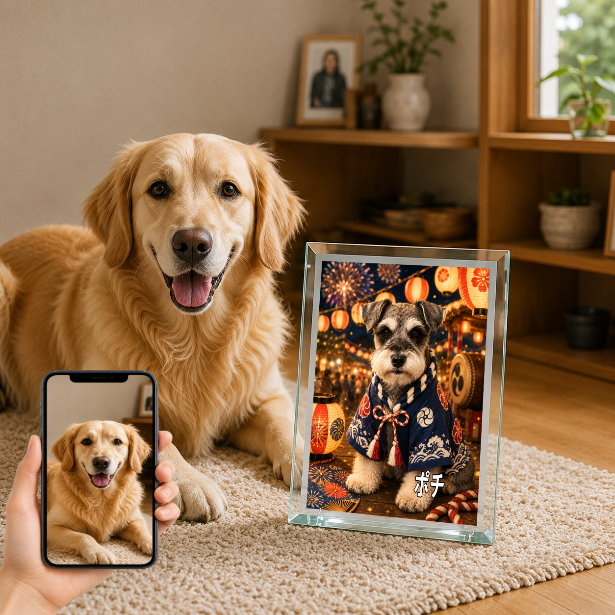 愛犬 写真入り 名入れ ガラスフォトパネル 夏祭り犬 浴衣風アート