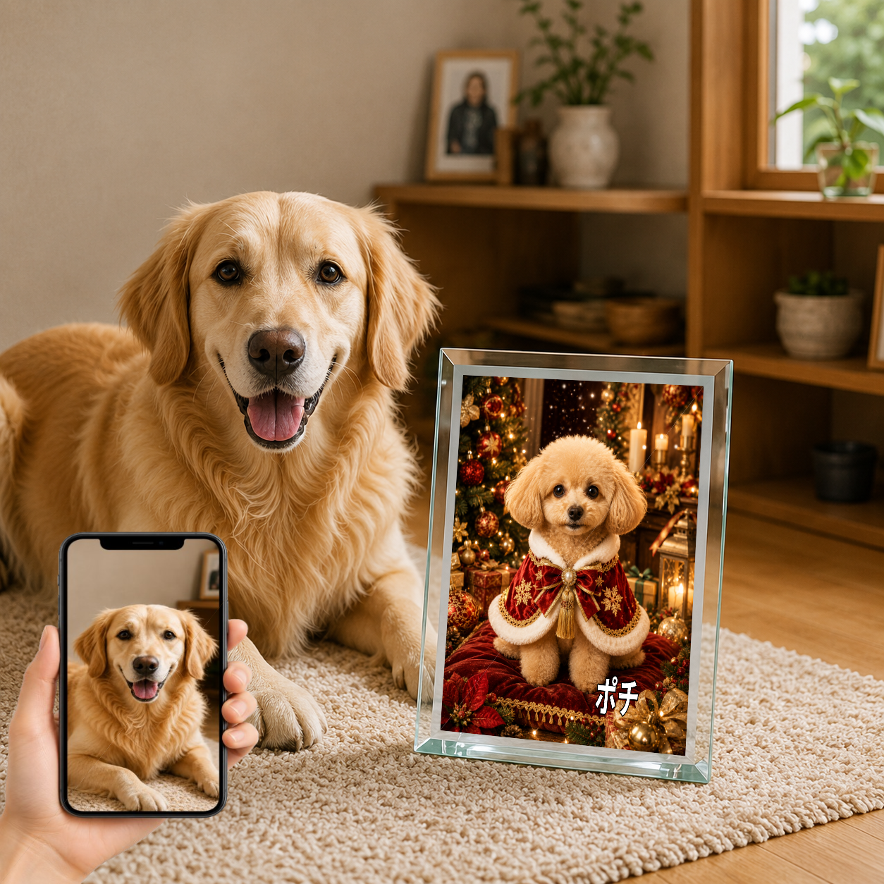 愛犬 写真入り 名入れ ガラスフォトパネル クリスマス王子犬