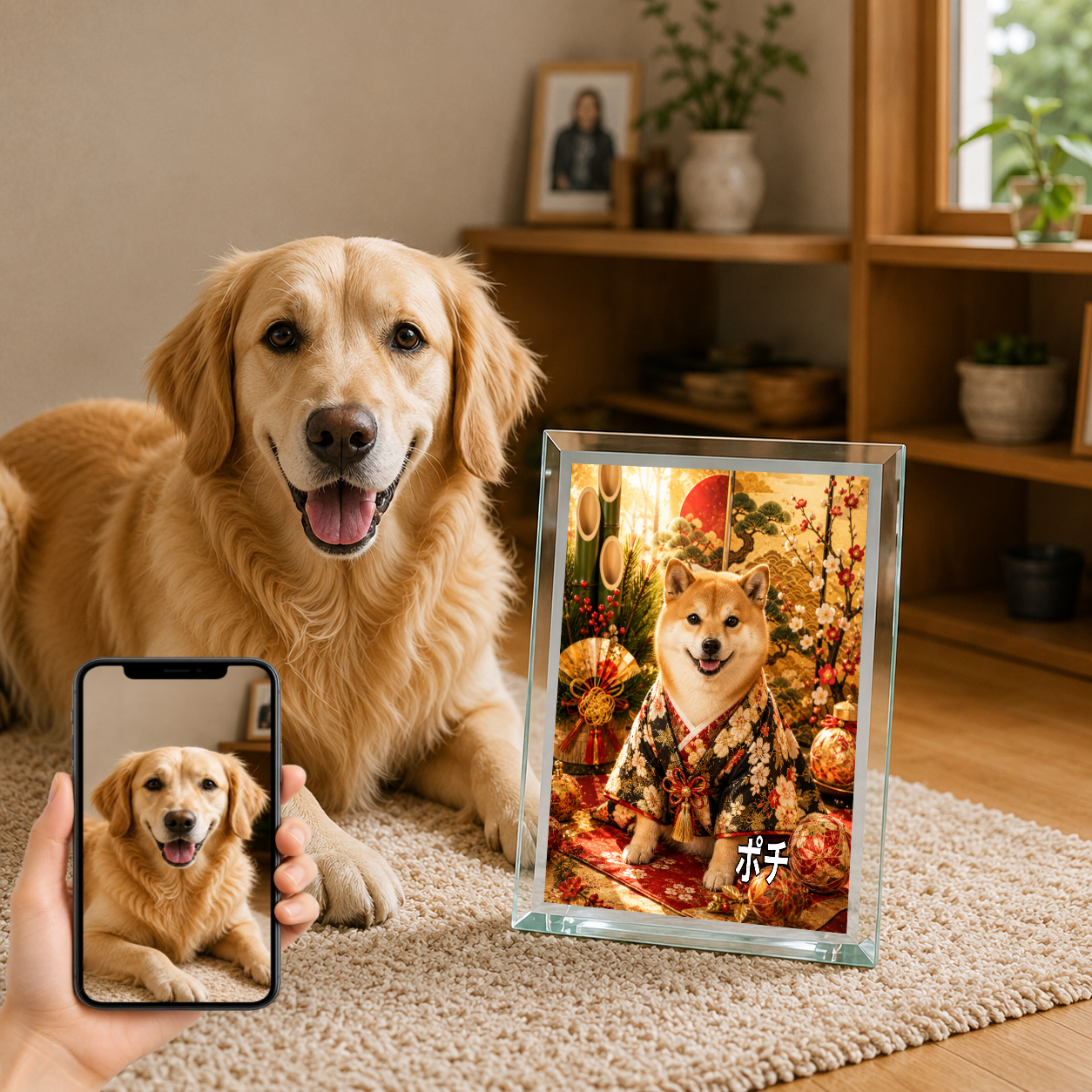 愛犬 写真入り 名入れ ガラスフォトパネル 正月晴れ着犬