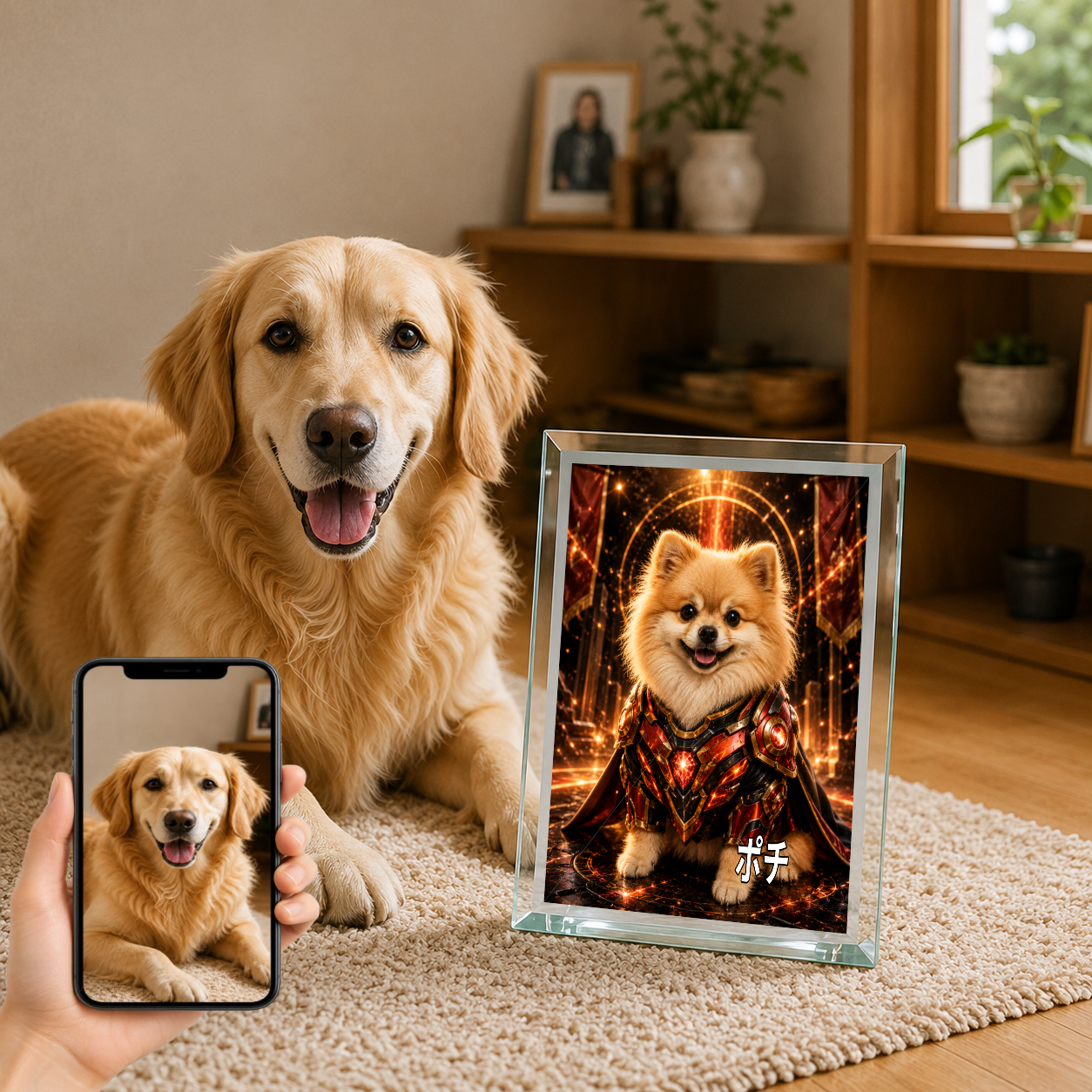 愛犬 写真入り 名入れ ガラスフォトパネル パワードスーツヒーロー犬