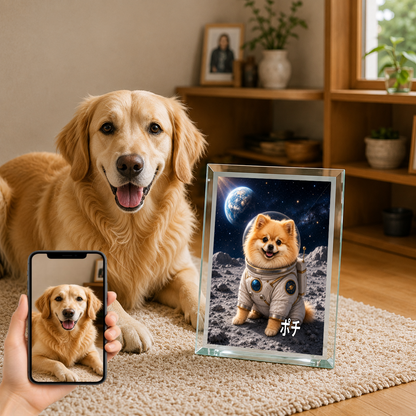 愛犬 写真入り 名入れ ガラスフォトパネル 宇宙飛行士犬 うちの子