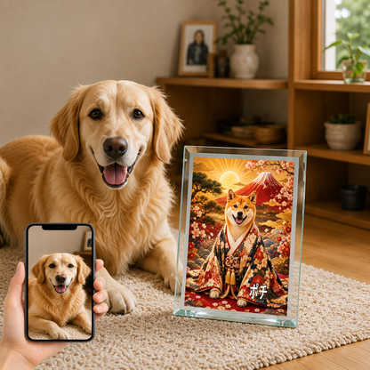 愛犬 写真入り 名入れ ガラスフォトパネル 赤富士 縁起物 うちの子ギフト