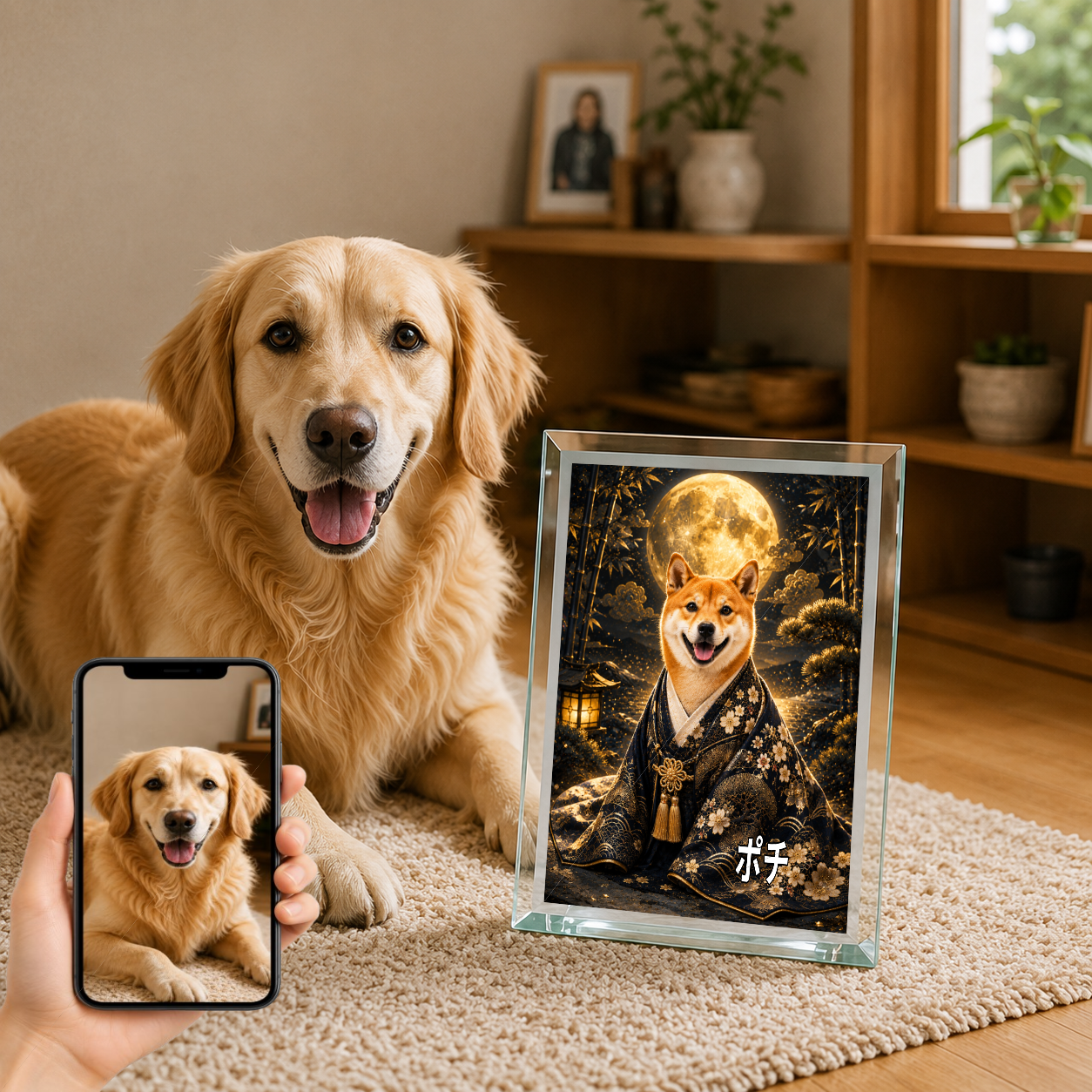 愛犬 写真入り 名入れ ガラスフォトパネル 月夜の守り犬 和風アート