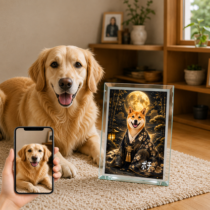 愛犬 写真入り 名入れ ガラスフォトパネル 月夜の守り犬 和風アート