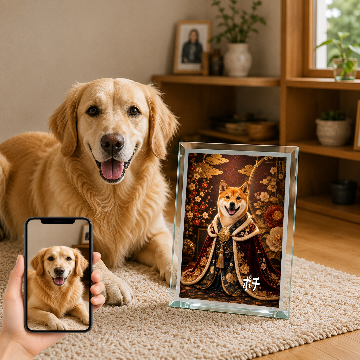 愛犬 写真入り 名入れ ガラスフォトパネル 王族ポートレート 和洋ミックス