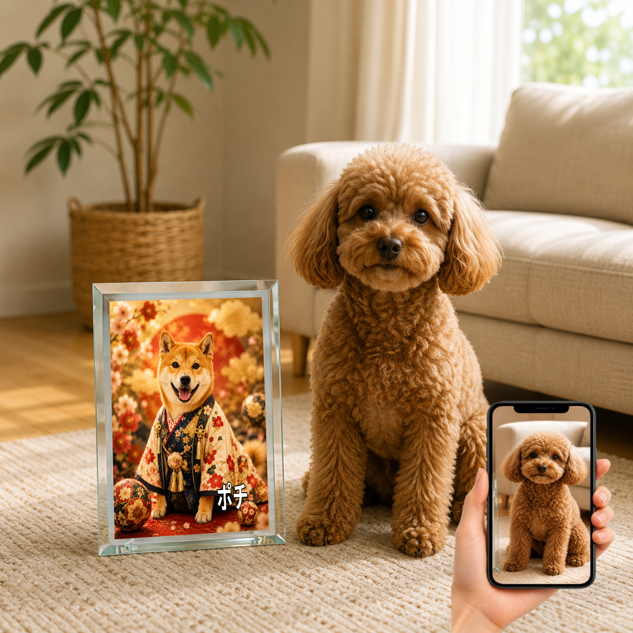 愛犬 写真入り 名入れ ガラスフォトパネル 豪華和装 月夜金彩 うちの子アート