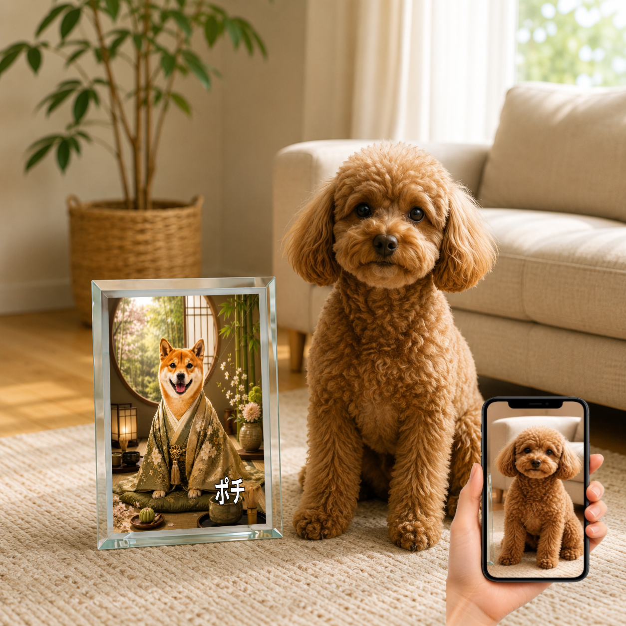 愛犬 写真入り 名入れ ガラスフォトパネル 茶室 上品な和犬 うちの子アート