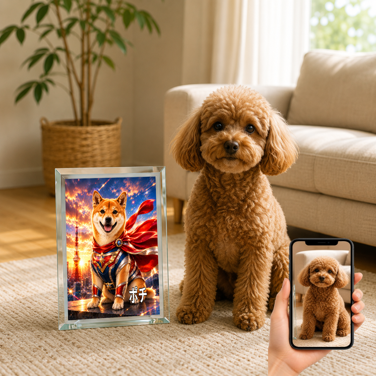 愛犬 写真入り 名入れ ガラスフォトパネル 特撮ヒーロー風 うちの子