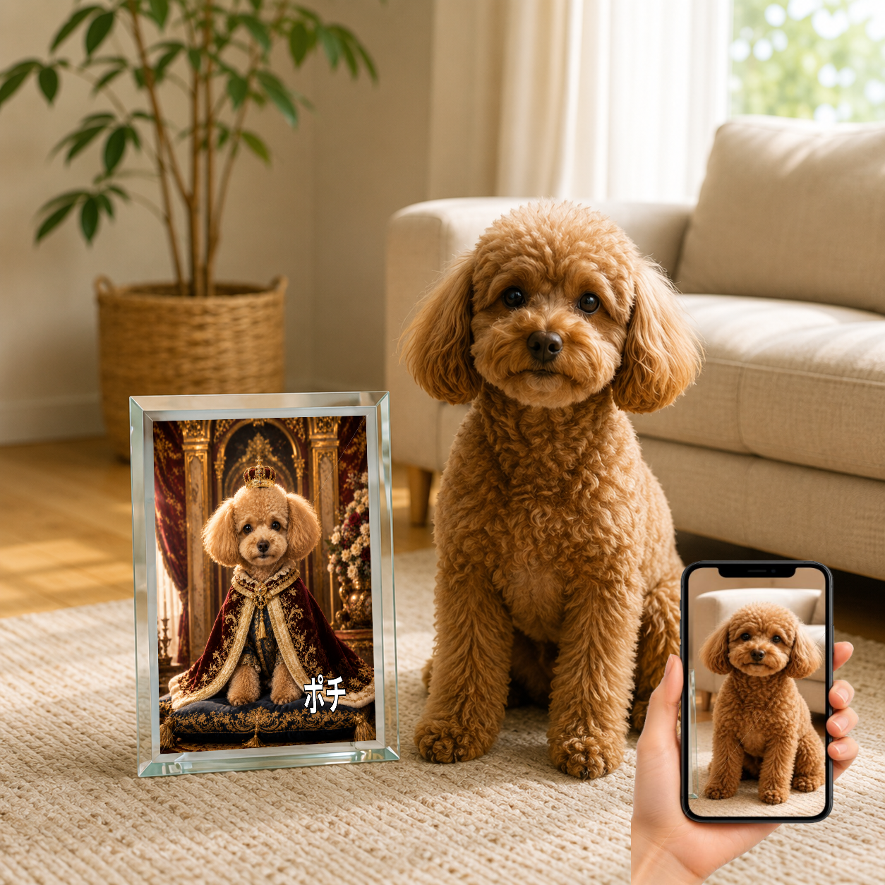 愛犬 写真入り 名入れ ガラスフォトパネル 王様マント犬 ロイヤルアート