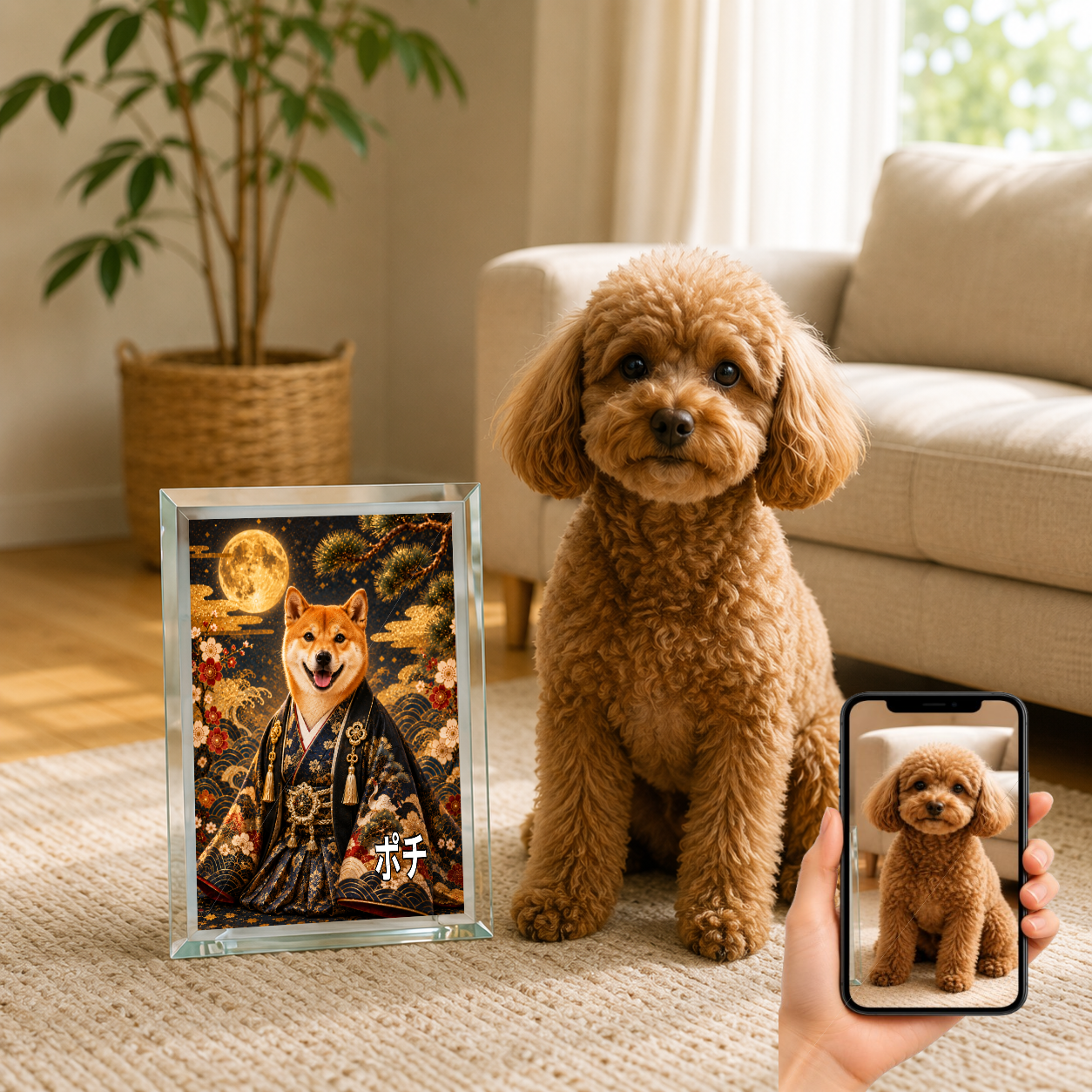 愛犬 写真入り 名入れ ガラスフォトパネル 晴れ着 金屏風 うちの子ギフト