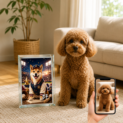 愛犬 写真入り 名入れ ガラスフォトパネル 野球スター犬 スポーツアート