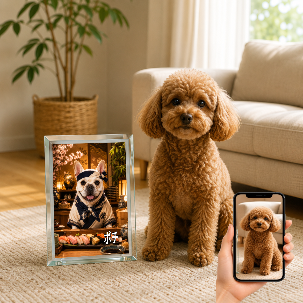 愛犬 写真入り 名入れ ガラスフォトパネル 寿司職人犬 うちの子