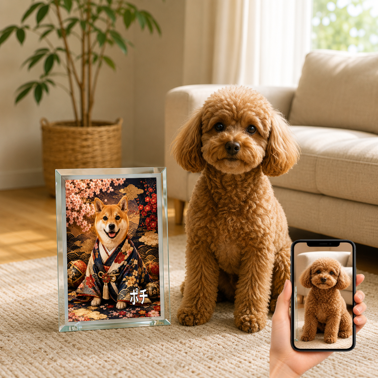 愛犬 写真入り 名入れ ガラスフォトパネル 豪華和装犬 高級うちの子アート