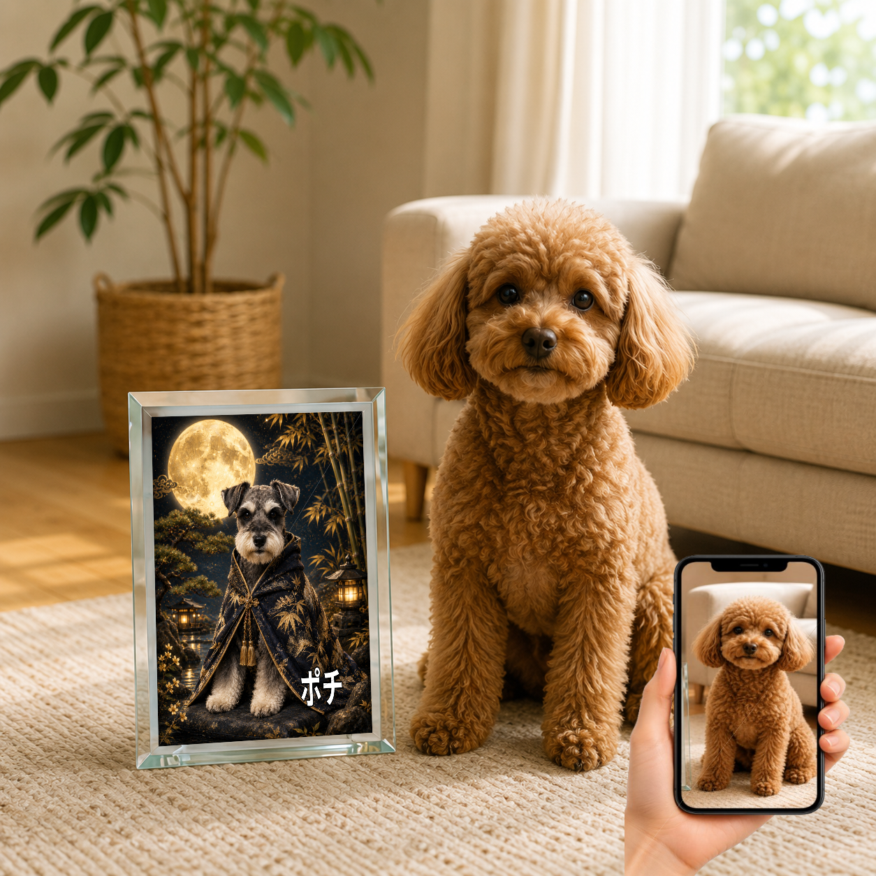 愛犬 写真入り 名入れ ガラスフォトパネル 月夜の守り犬 幻想和風