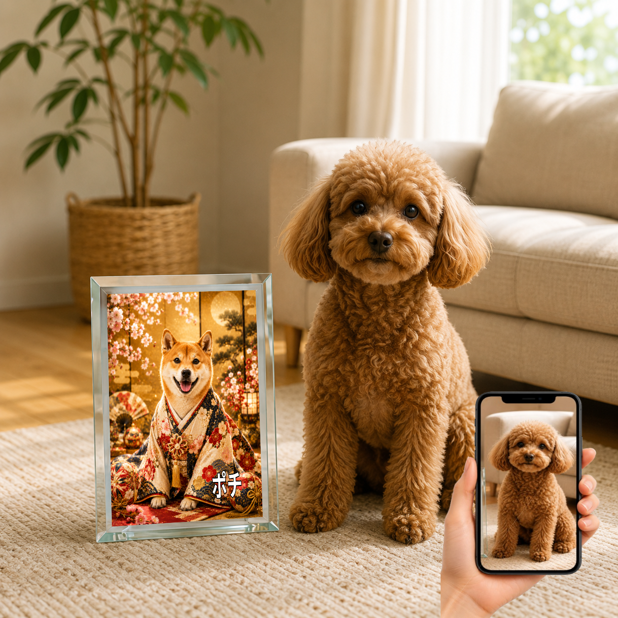 愛犬 写真入り 名入れ ガラスフォトパネル 桜と毬 華やか和装アート