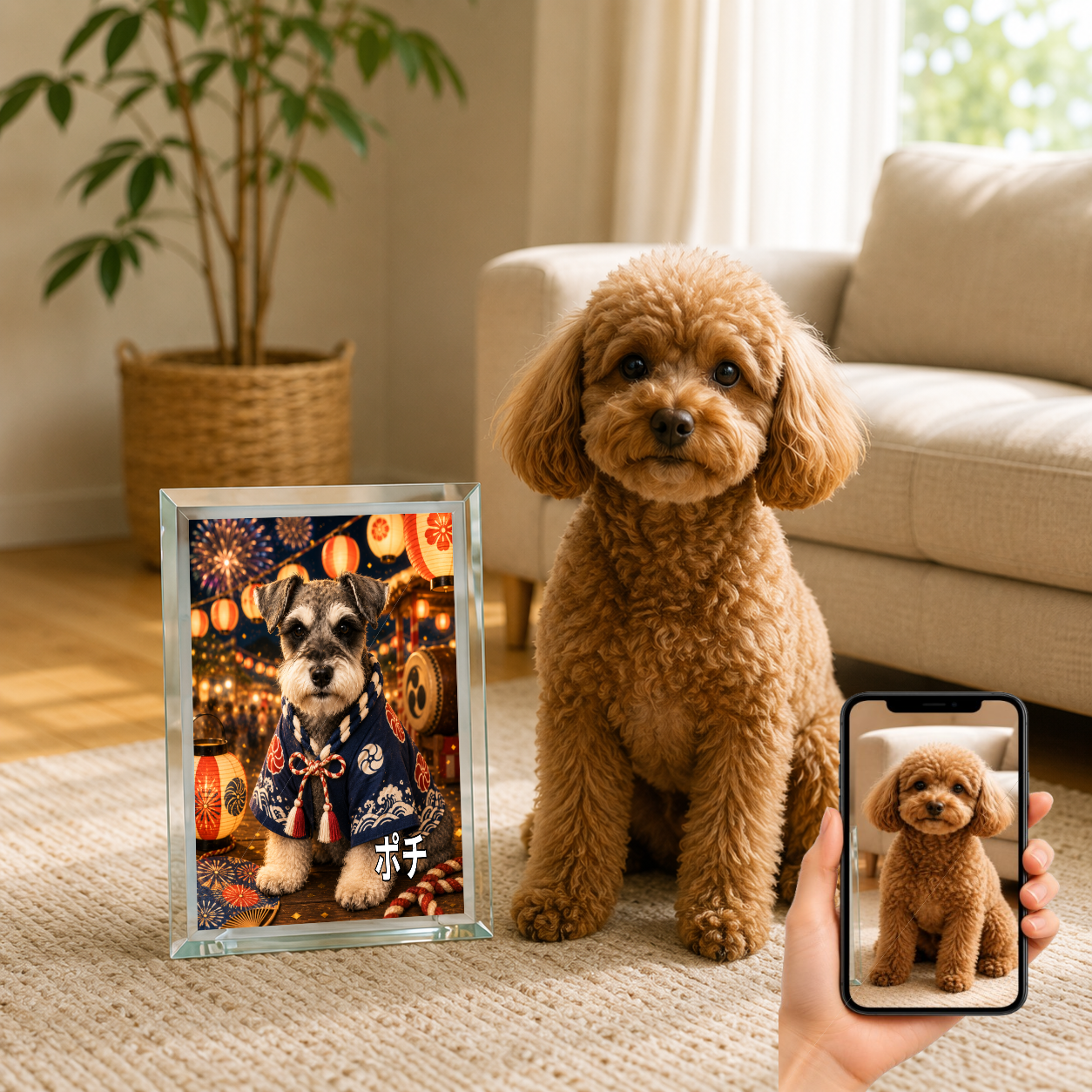 愛犬 写真入り 名入れ ガラスフォトパネル 夏祭り犬 浴衣風アート