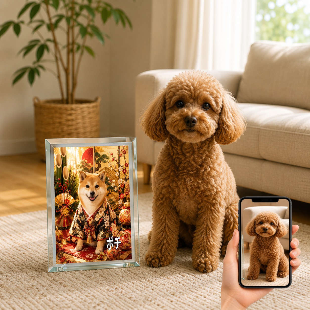 愛犬 写真入り 名入れ ガラスフォトパネル 正月晴れ着犬