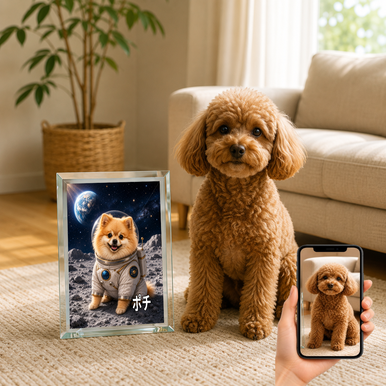 愛犬 写真入り 名入れ ガラスフォトパネル 宇宙飛行士犬 うちの子