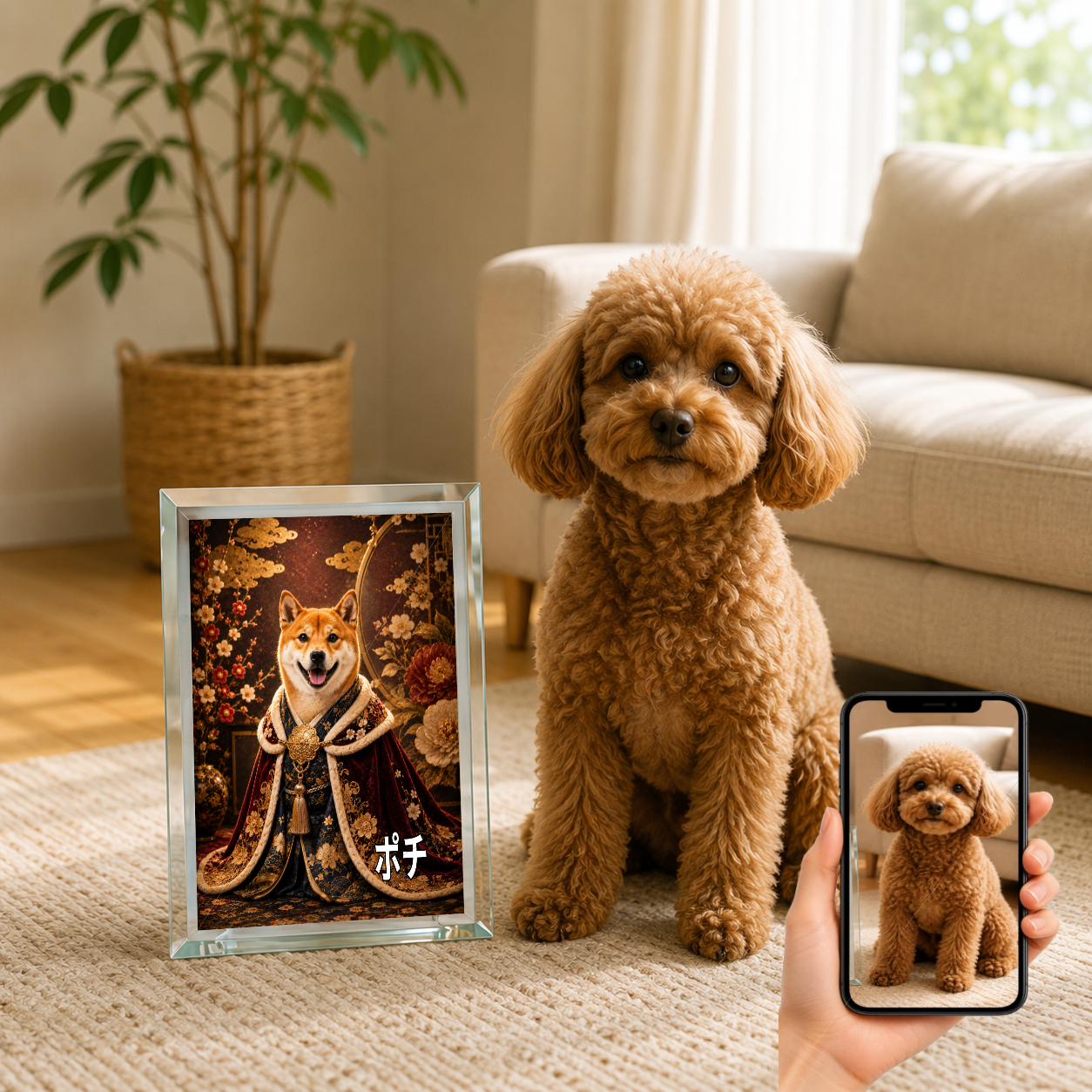 愛犬 写真入り 名入れ ガラスフォトパネル 王族ポートレート 和洋ミックス