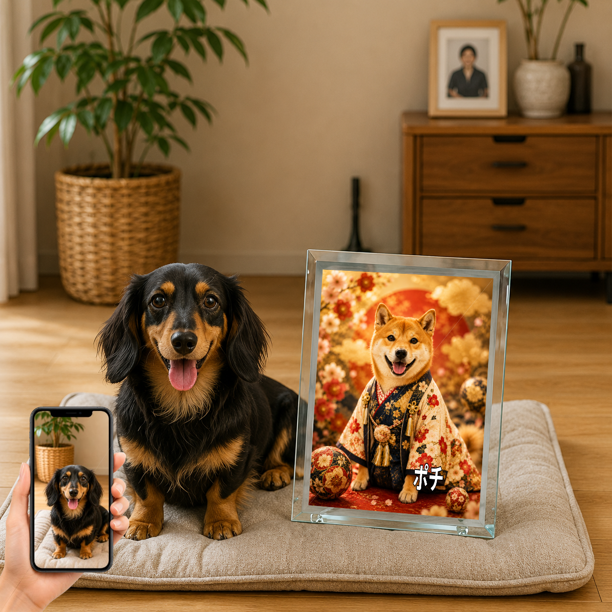 愛犬 写真入り 名入れ ガラスフォトパネル 豪華和装 月夜金彩 うちの子アート